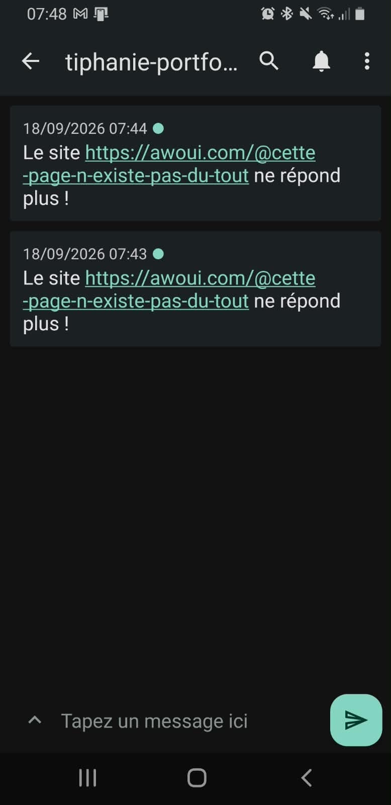 Notification ntfy reçue lors du test d'alerte